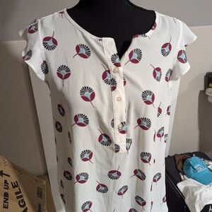 LOFT White Blouse with Red and Black Floral Pattern